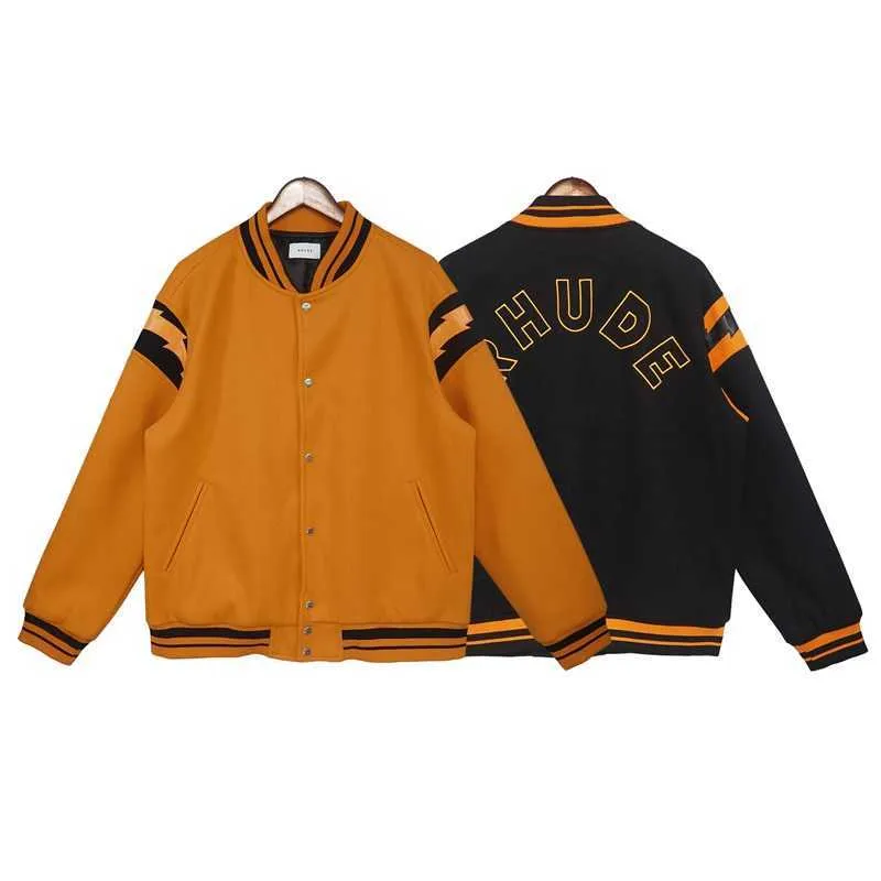 Designerkläder Fritidsrockar Rhude Trend Märke American Lightning Patch Läderdesign Lös bomberjacka Herr Damer Par Fleecerock Topp Tunn Streetwear