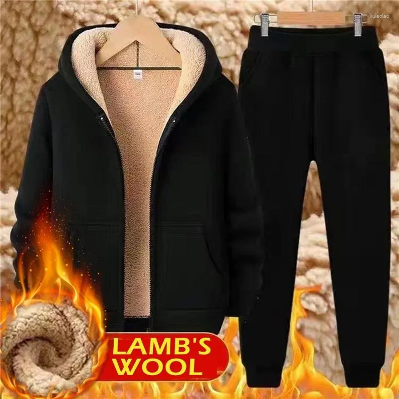 Men's Sleepwear Tracksuit Sets Men Lamb Cashmere Winter Wool Hooded Sweatshirt Thick Warm Sportswear Male Suit Two Piece
