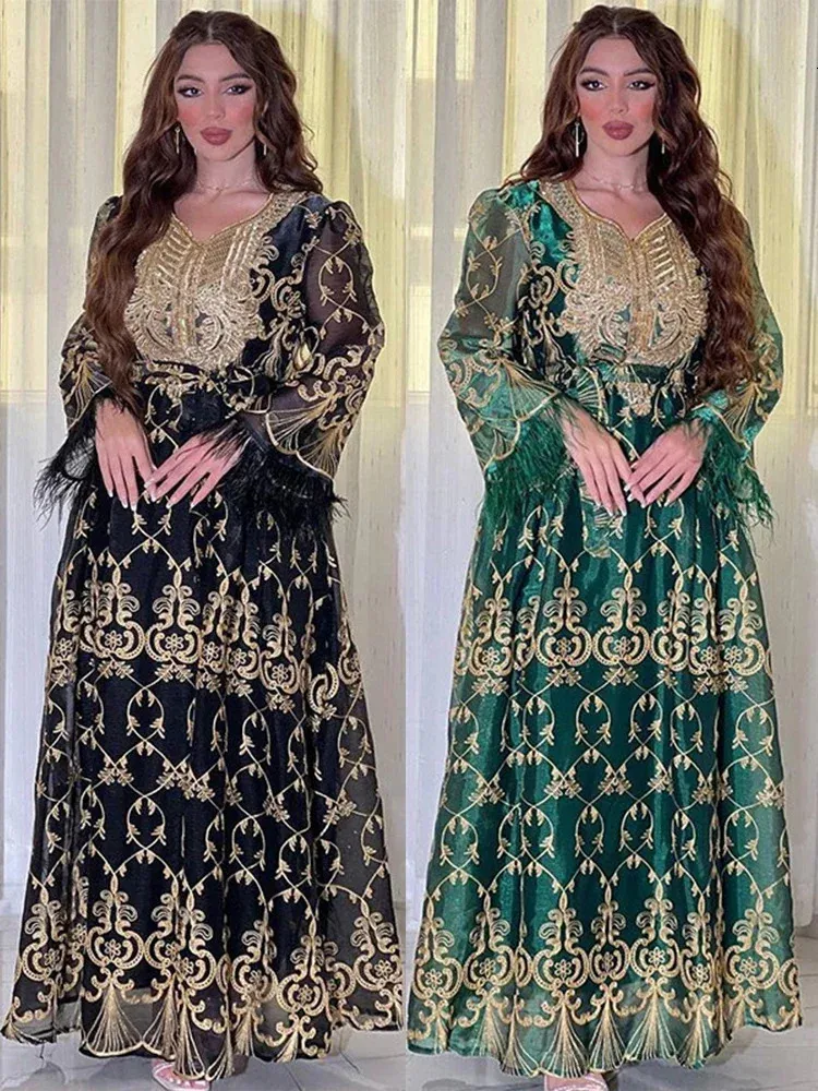 Abiti taglie forti Eid Musulmano Marocco Abito per donna Abaya Jalabiya Piuma Ricamo Festa Dubai Abaya Caftano Islam Abiti Abito arabo 231121