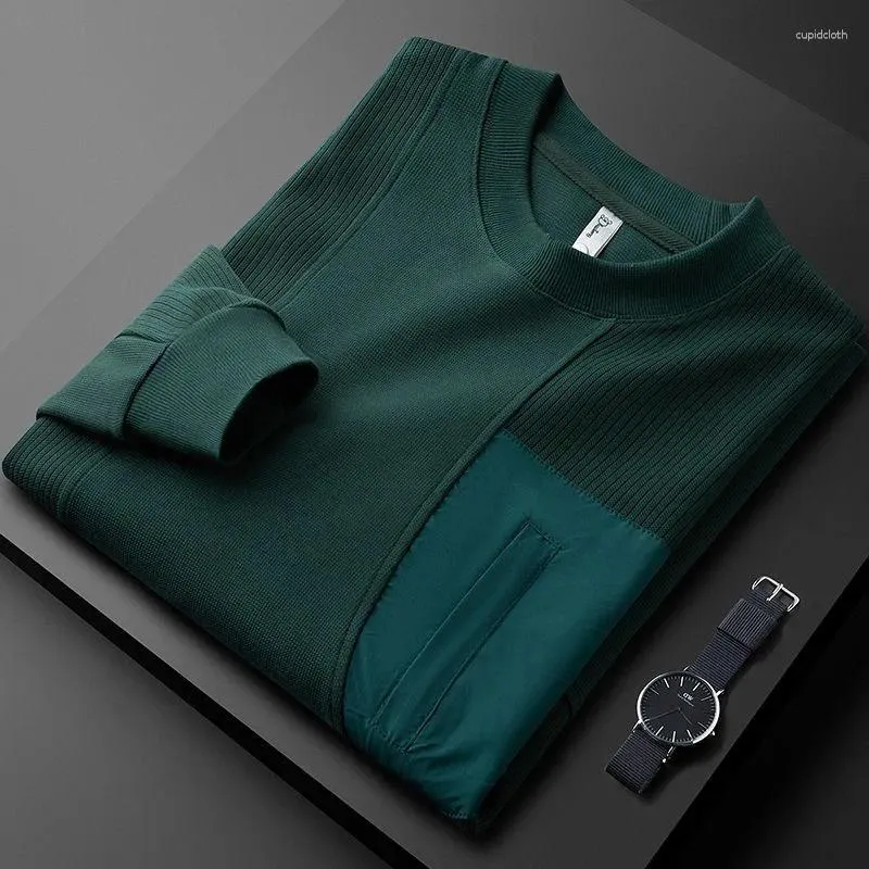 Herr hoodies ljus lyx modedesign skarvad rund halströja för män 2023 Autumn Highclate Dark Green Casual Long Sleeve T-shirt