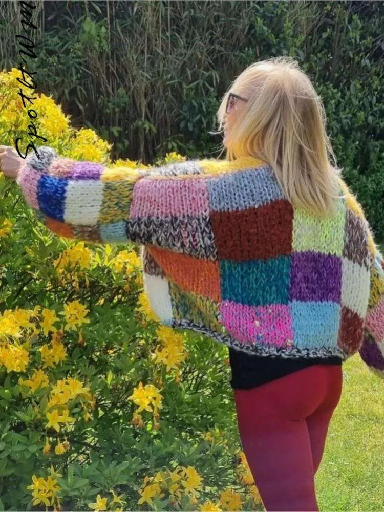 Kleurrijk patchwork geruit gebreid vest jas mode losse gehaakte cropped jas met lantaarnmouwen herfst vrouwelijke streetwear