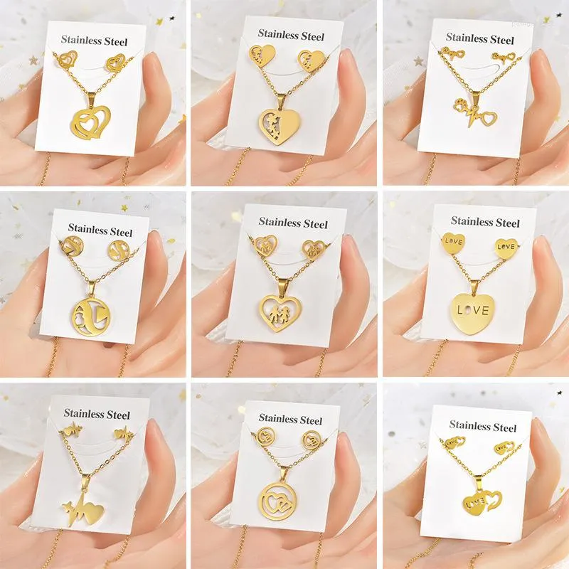 Halskette Ohrringe Set Trendy Herz Anhänger Geometrische Edelstahl Ohrstecker Zweiteilig Schmuck Außenhandel Paar Zubehör Für Geschenk