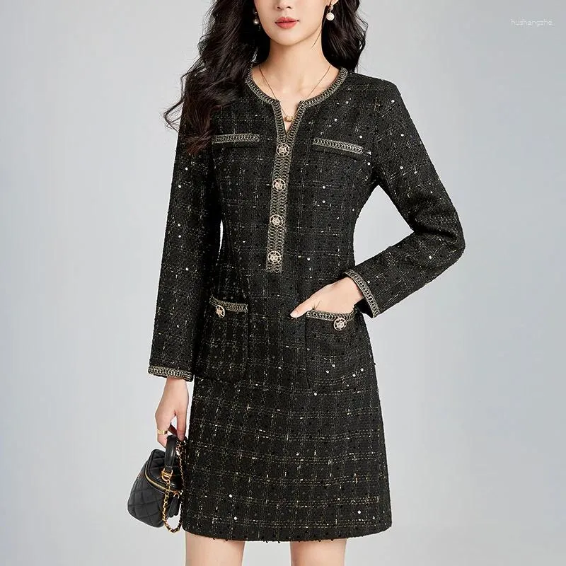 L’aubeblanc Tweed Wrap Dress Black Elegant Tweed Dresses For Women: Black Tweed Long Dress, O