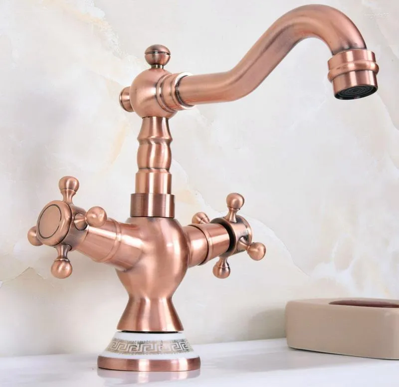 Keuken kranen antiek rood koper enkel gat dubbele handgreep zwenel badkamer wastafel bassin koud en watermixer tap kraan 2NF622