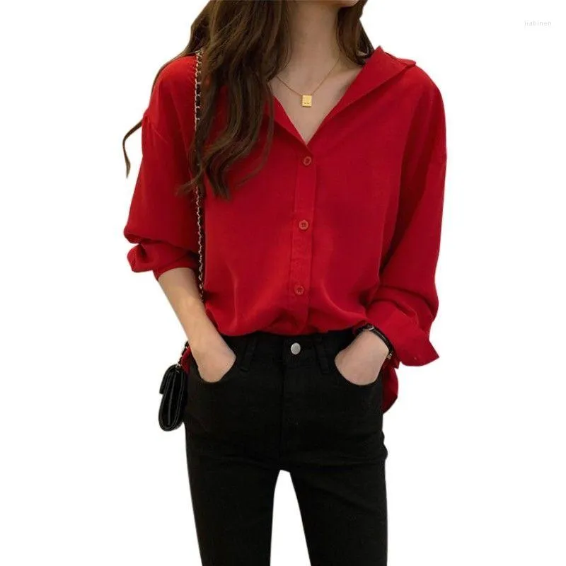 Damenblusen Damen Frühling Herbst Stil Hemd Umlegekragen Colla Rote Farbe Hemden Vintage Blusas Tops Hohe Qualität DF3640