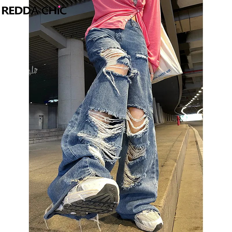 Damen Jeans REDDACHiC Beggar Style Damen Zerrissene Jeans Mom Baggy Plus Size Straight Wide Leg Pants Korean Streetwear Loose Y2k Damenhose 230421