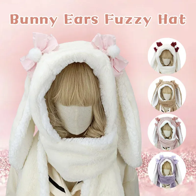 Echarpes Japonais Lolita Bunny Ears Mignon Chapeau En Peluche Écharpe Gants Casquette De Cyclisme Kawaii Hiver Chaud Doux Épaississement Poche Chapeaux À Capuchon 231121