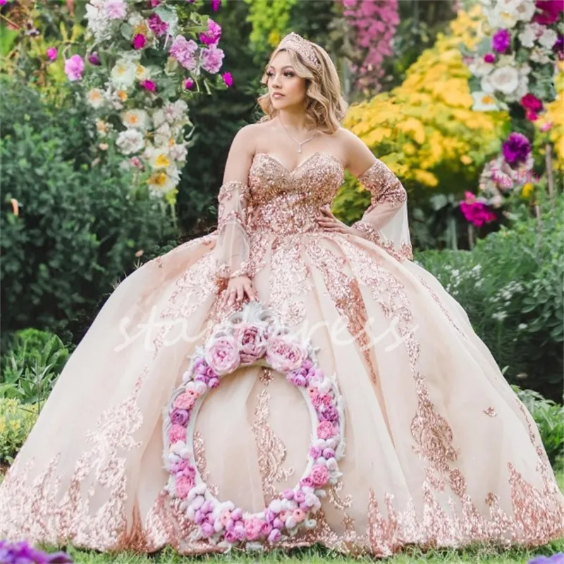 Sparkly Rose Gold Quinceanera Dress Glitter Sweet 16 Ball Gown, Beaded  Crystal Vestidos De 15 Años, Luxury Party Gown