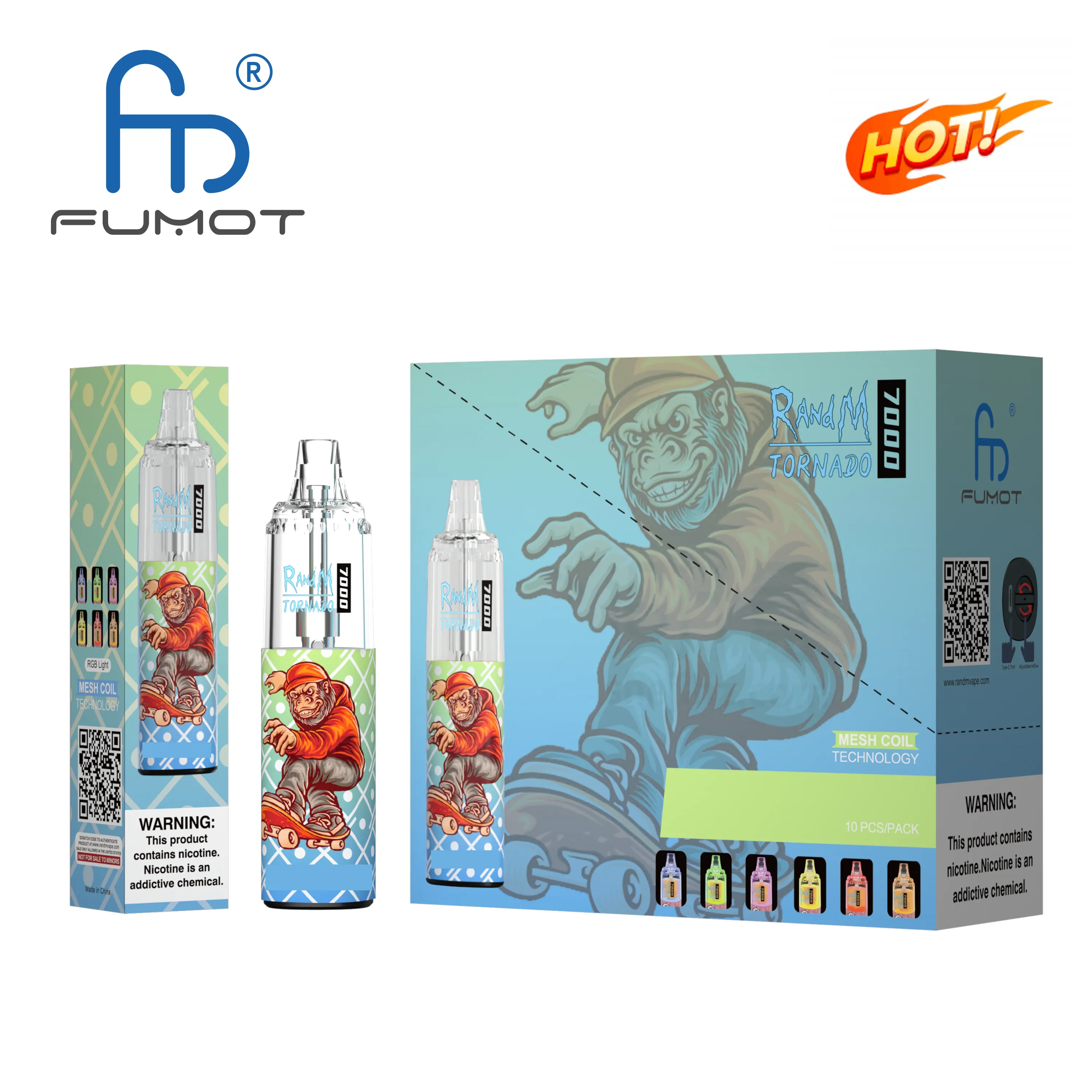 Reino Unido, UE, mais vendido, Fumot vape RGB Light Monkey Vape Randm Tornado 7000 Puffs Gorilla Vape Pen