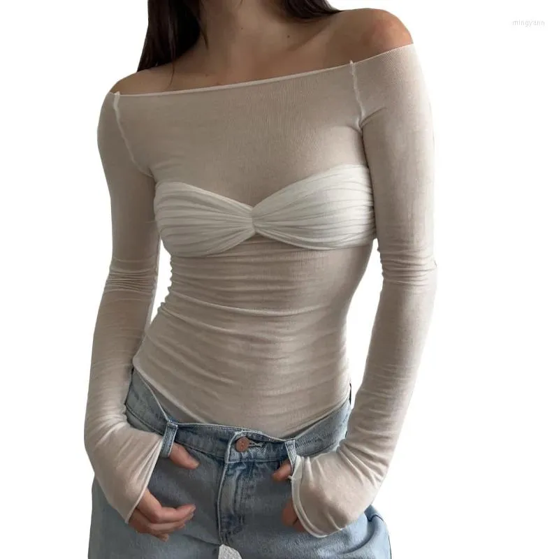 Women's T Shirts Sexy See Though Mesh Crop Tops White Off Shoulder Long Sleeve T-Shirt Silk Sheer Inner Pullover Lace Knit