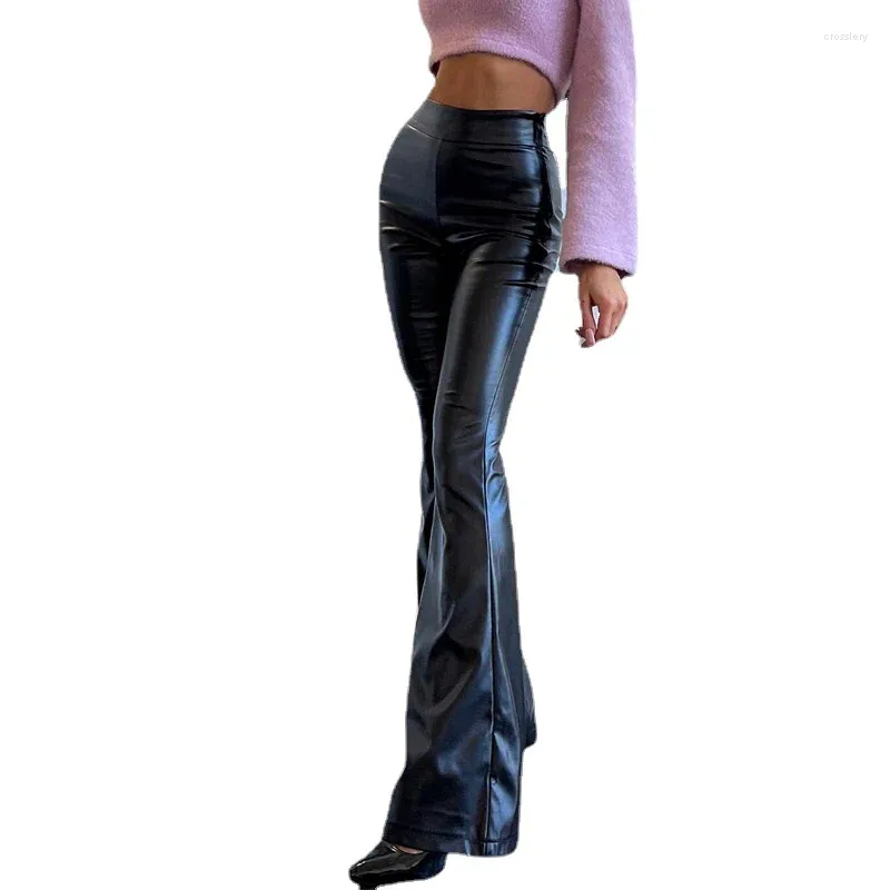 Pantalon Femme Élégant Chic Faux Cuir Femmes Automne Hiver Sexy Taille Haute Longue Flare Femme Noir PU Pantalon