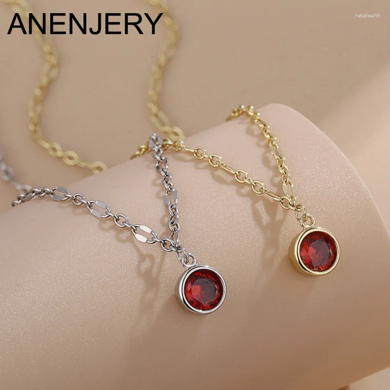 Colares Pingente Anenjery Red Zircon Colar para Mulheres 2023 Moda Luz Luxo Simples Retro Neckchain Requintado Jóias Diárias