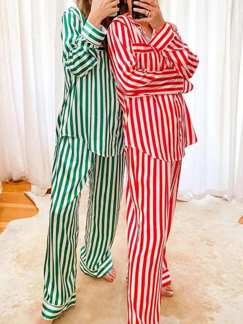 Женская одежда для сна, полосатый рождественский женский пижамный комплект, кружевная пижама с длинным рукавом, рождественская одежда для дома, нижнее белье, пижамы, ночная одежда из 2 предметов