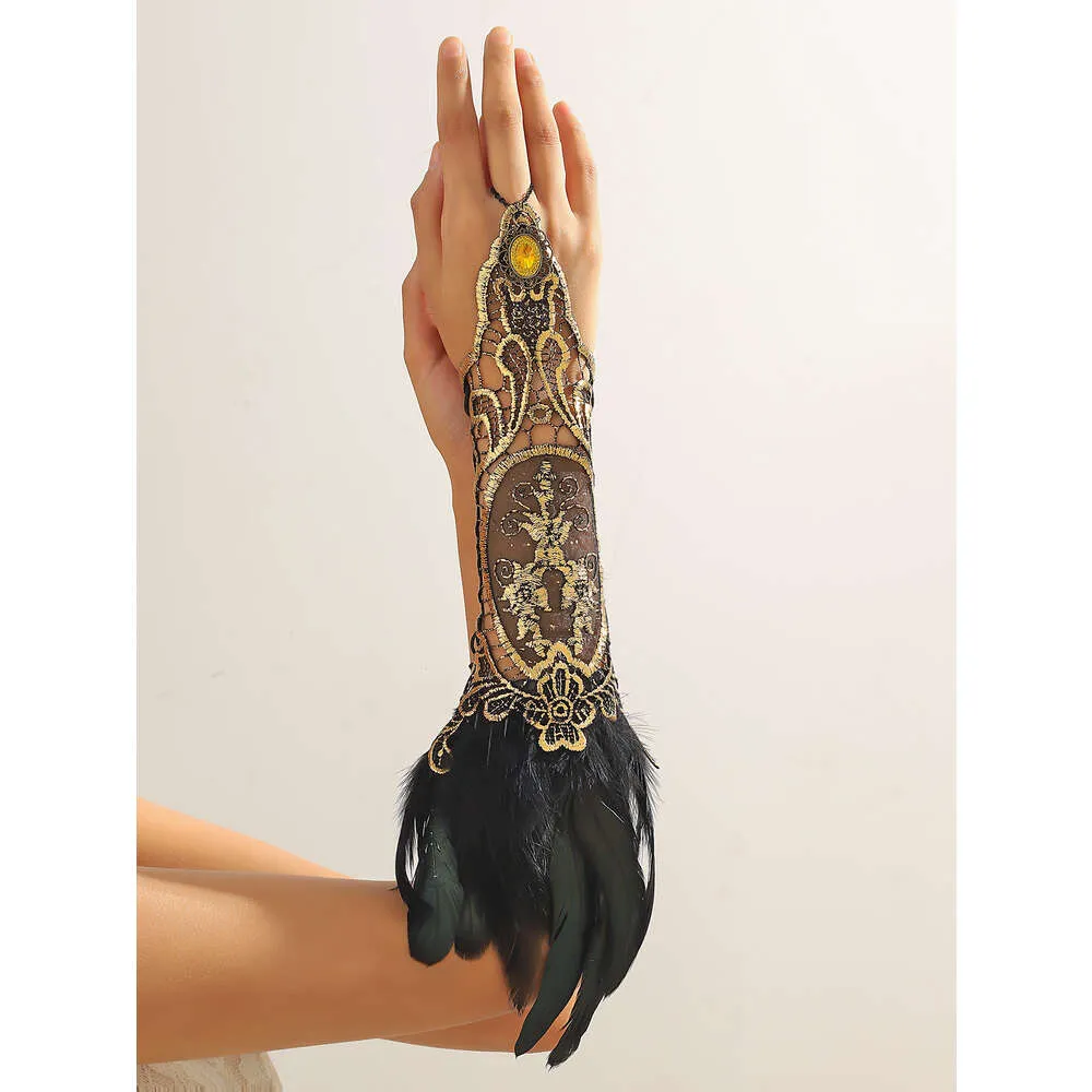 Exaggerated Arm Chain Gold Lace Black Feather Bracelet