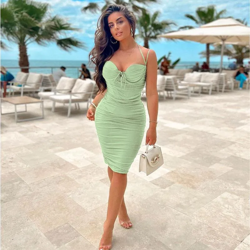 Casual Dresses Women Clothing Night Club Party Sexy Slim Dress Solid Folds Fishbone Style Midi Sling Backless Drop