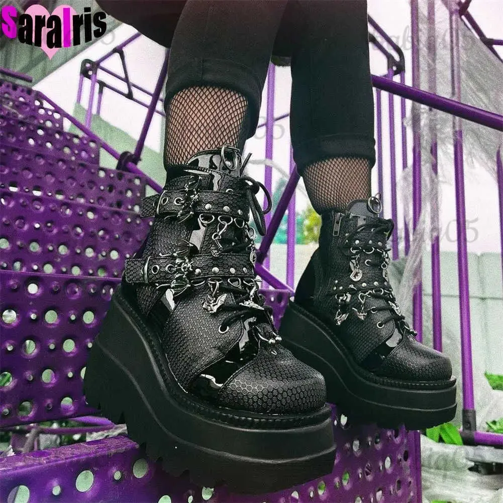 Botas 2022 Otoño Invierno Punk Street Tobillo Botas Mujeres Plataforma Cuñas Tacones Altos Motocicleta Botas Cortas Mujer Zapatos de Halloween Mujer T231121