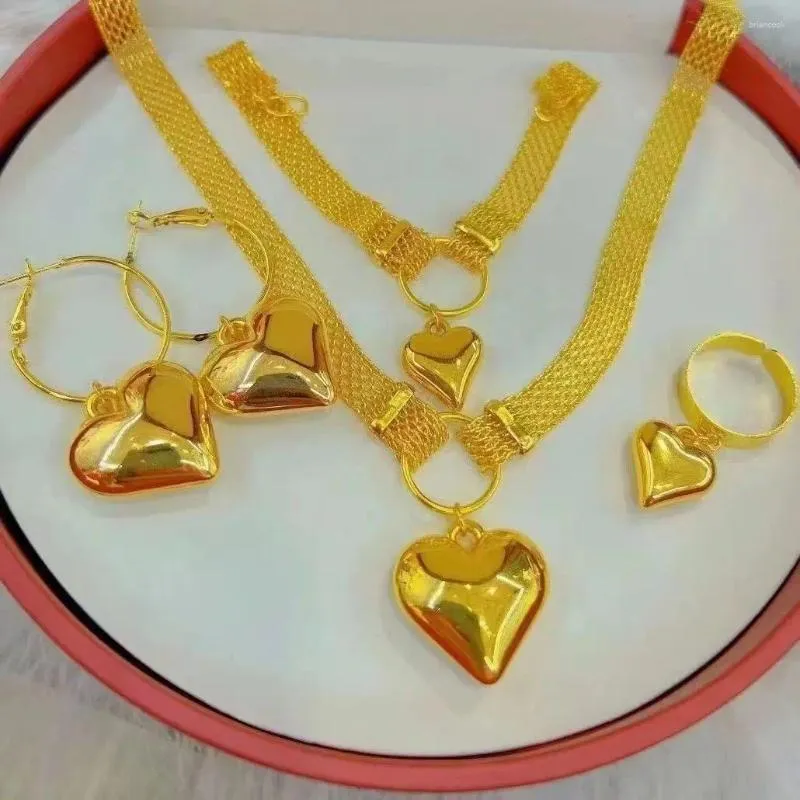 Conjunto de collar y pendientes chapado en oro de 24 quilates, 4 piezas, pendiente, anillo, pulsera, joyería para mujer DD30243