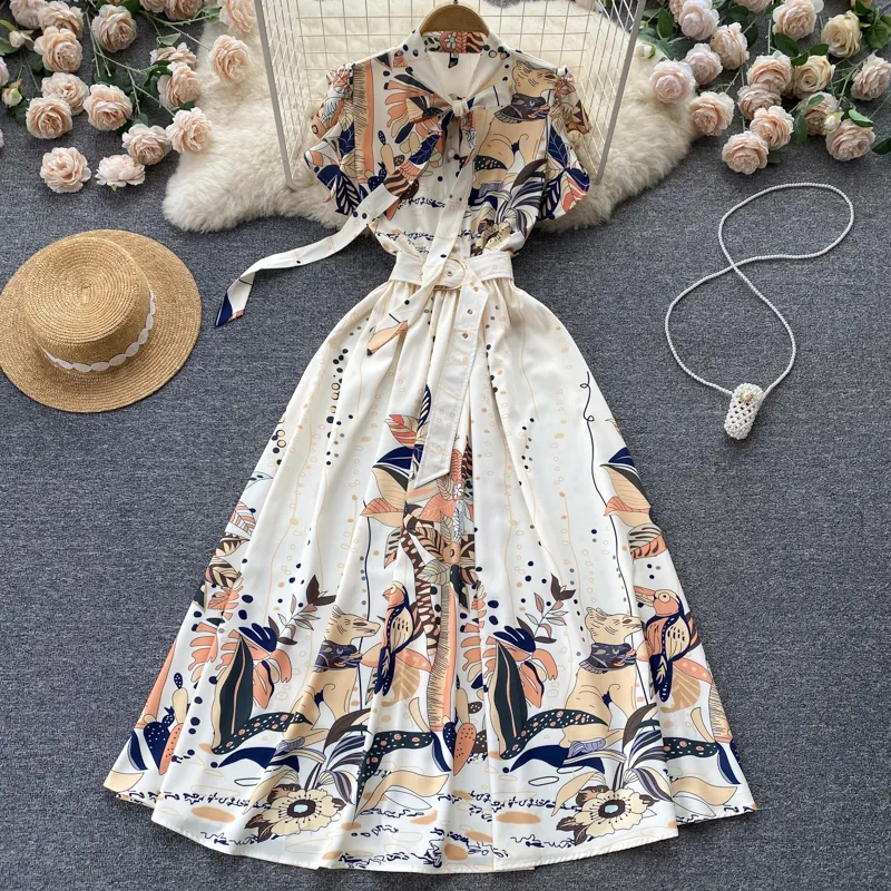 French gentle style lace swing dress for ladies with floral print,  ankle-length A-line silhouette, and lace-up waist from Dhgate Basic &  Casual Dresses - price 38.2