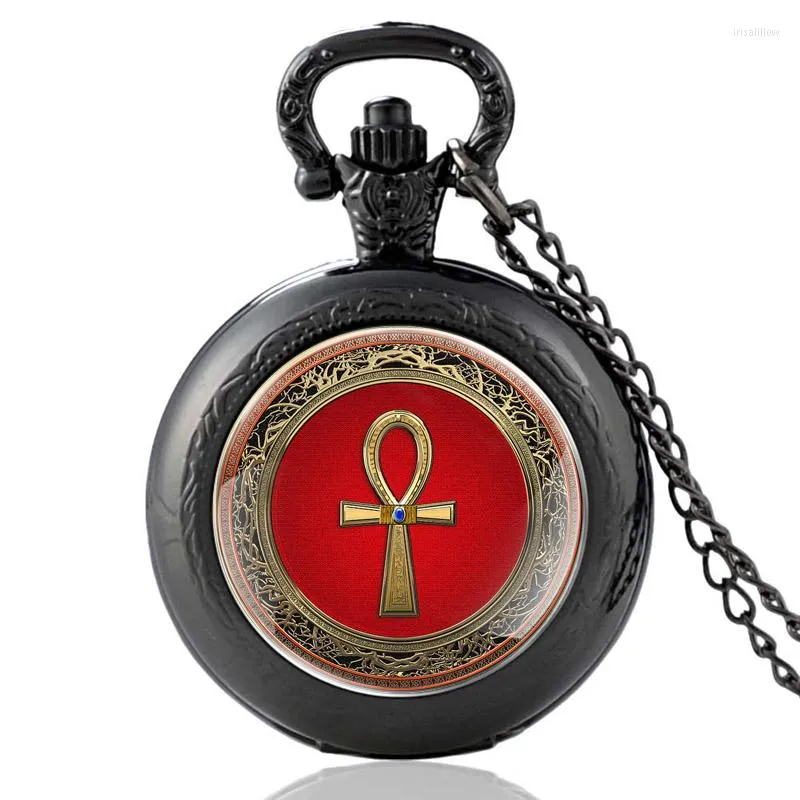 Pocket Watches Antique Ankh Ancient Egypt Symbol Black Vintage Quartz Watch Men Women Charm Pendant Necklace Hours Clock Gifts