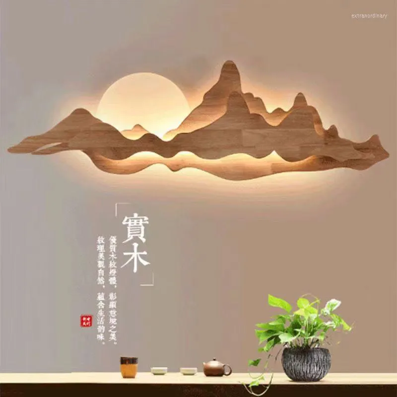 Lâmpada de parede Luzes de estar chinesas Luzes de estar de madeira criativa arte acrílica paisagem mural decoração de iluminação de iluminação interior lâmpadas