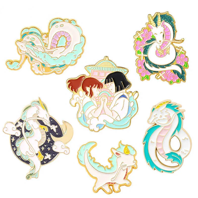 Stift brosches barndom anime emaljstift anpassade draken haku chihiro kol kalkifer jiji brosch väska lapel badge tecknad film pin smycken gåva z0421