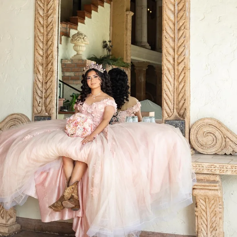 Luxo rosa quinceanera vestidos de 15 anos fora do ombro apliques rendas miçangas formal vestido de princesa