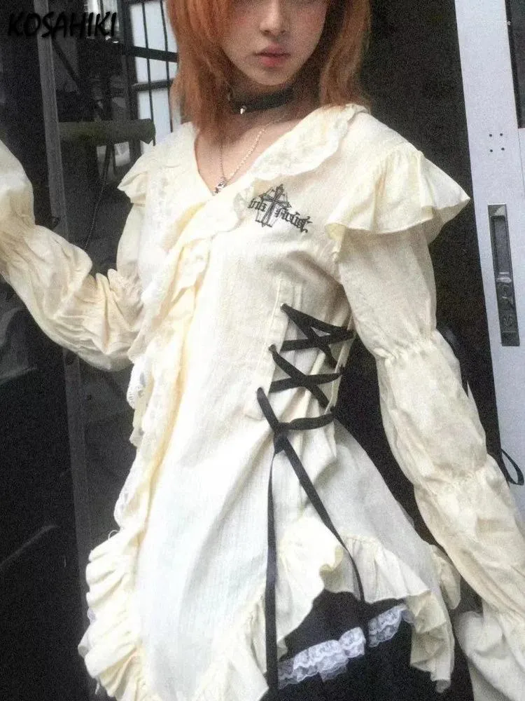 Vrouwen Blouses 2023 Y2k Esthetiek Kanten Shirt Gothic Onregelmatige Fee Harajuku Bandage Vintage Lolita Kleding Mall Goth