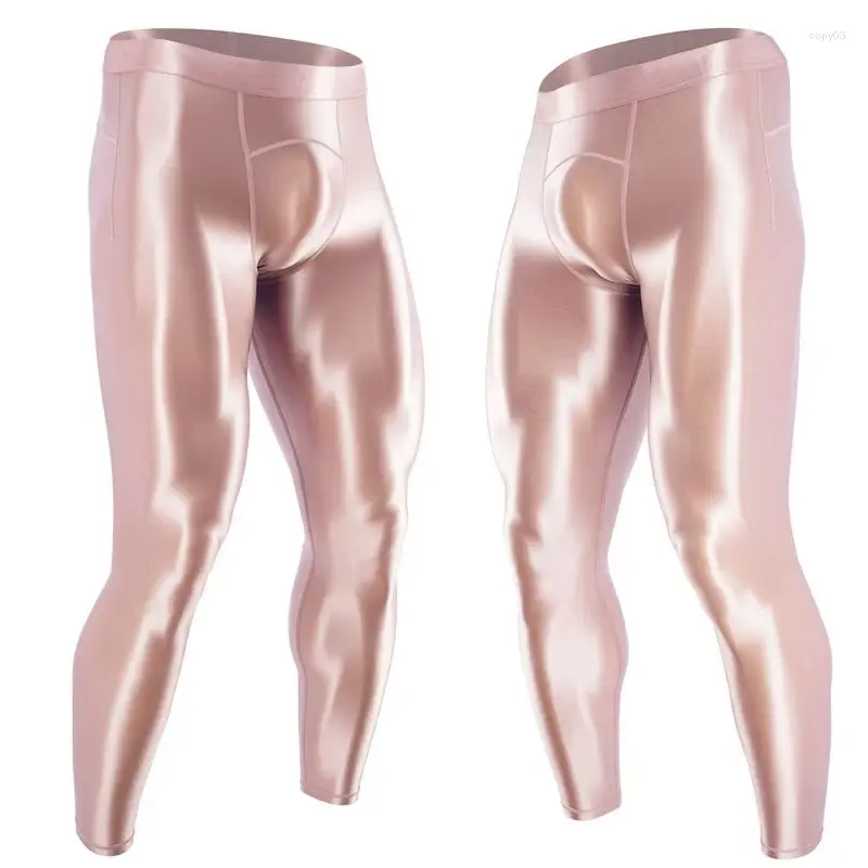 Glossy Satin High Waist Compression Leggings For Men Smooth Skinny