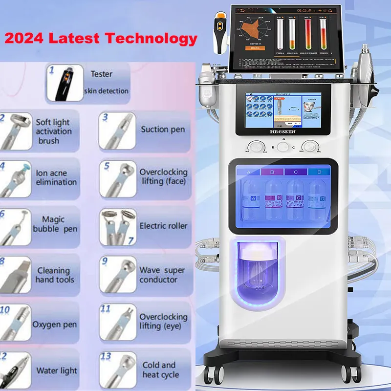 14 I 1 Syre Jet -skalning Ansiktsbehandling Hidrafacial H2O2 Care Aqua Facial Cleaning Microdermabrasion Machine med hudanalys