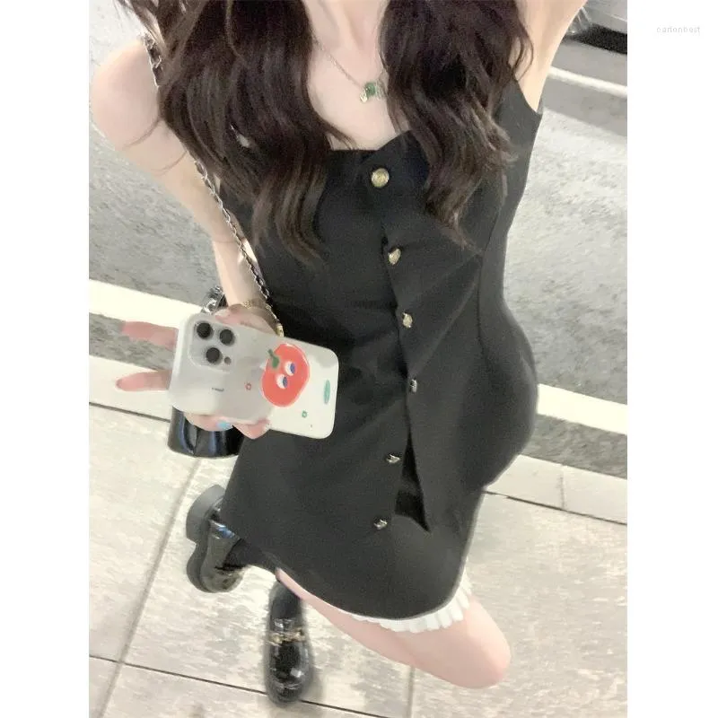 Summer Black Spaghetti Strap Black Tank Top Womens and High Waist Mini Skirt Two-Piece Set for Women - Fashionable Office Lady Suit