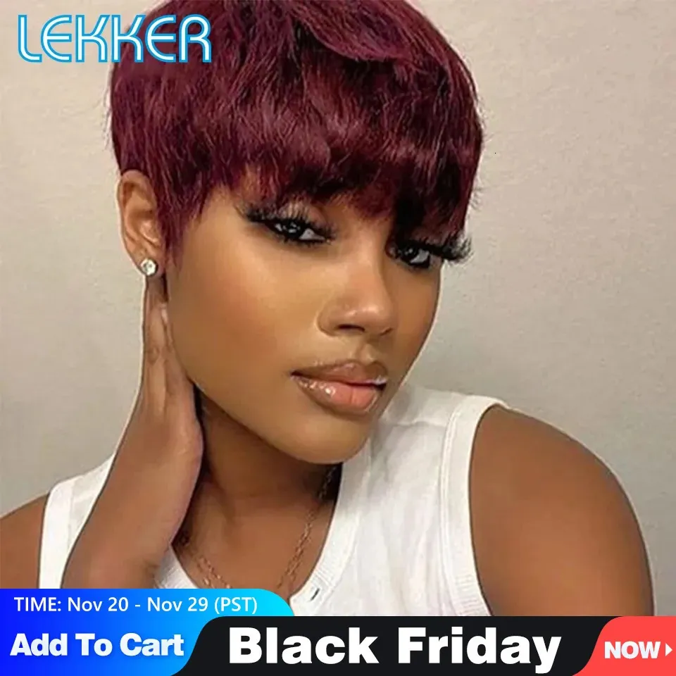 Synthetic Wigs Lekker Colored Short Straight Bob Pixie Human Hair Wig With Bangs For Women Brazilian Remy Hair Non Lace Burgundy Red Wigs 231121