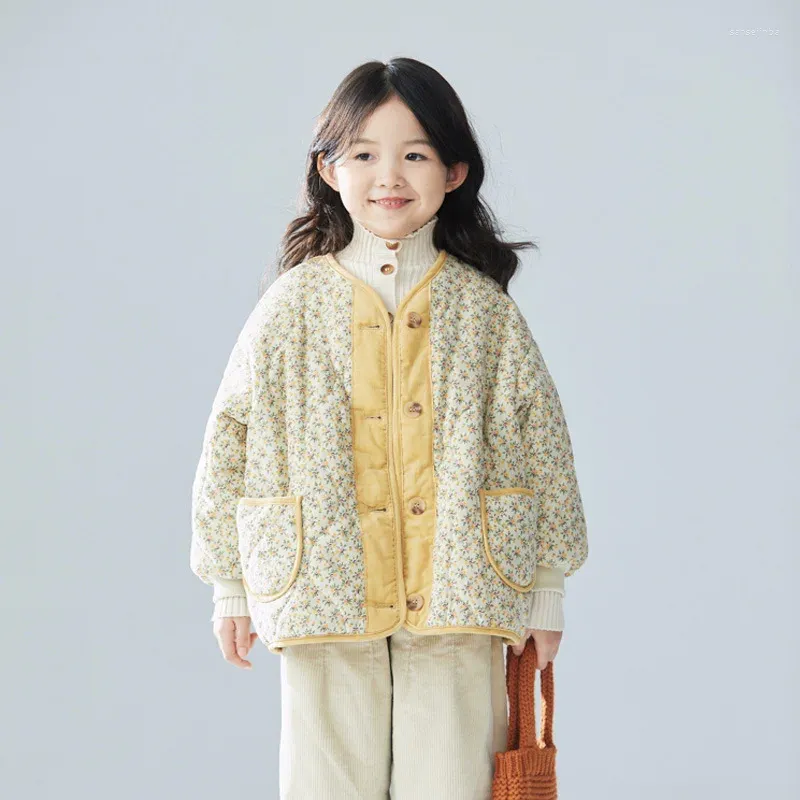 Unten Mantel 2023 Ins Koreanische Winter Baby Mädchen Floral Baumwolle Cord Mode Warme Kind Jacke Vielseitig Kinder Outer