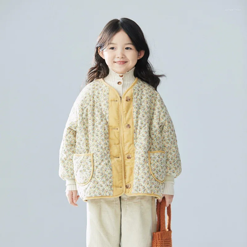 Down Coat 2023 Ins Korean Winter Baby Girl Floral Cotton Corduroy Fashion Warm Kid Jacket Versatile Children Outerwears