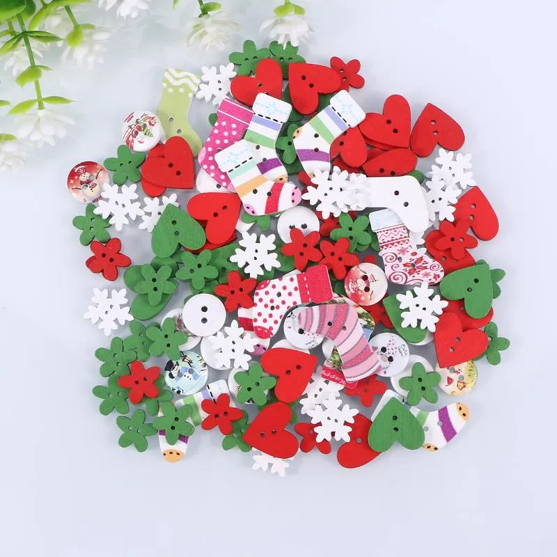 Decorações de Natal 120 PCs Pintura de desenhos animados Botões de madeira Fivelas com temas decorativos DIY para casaco de jeans (tamanhos mistas)