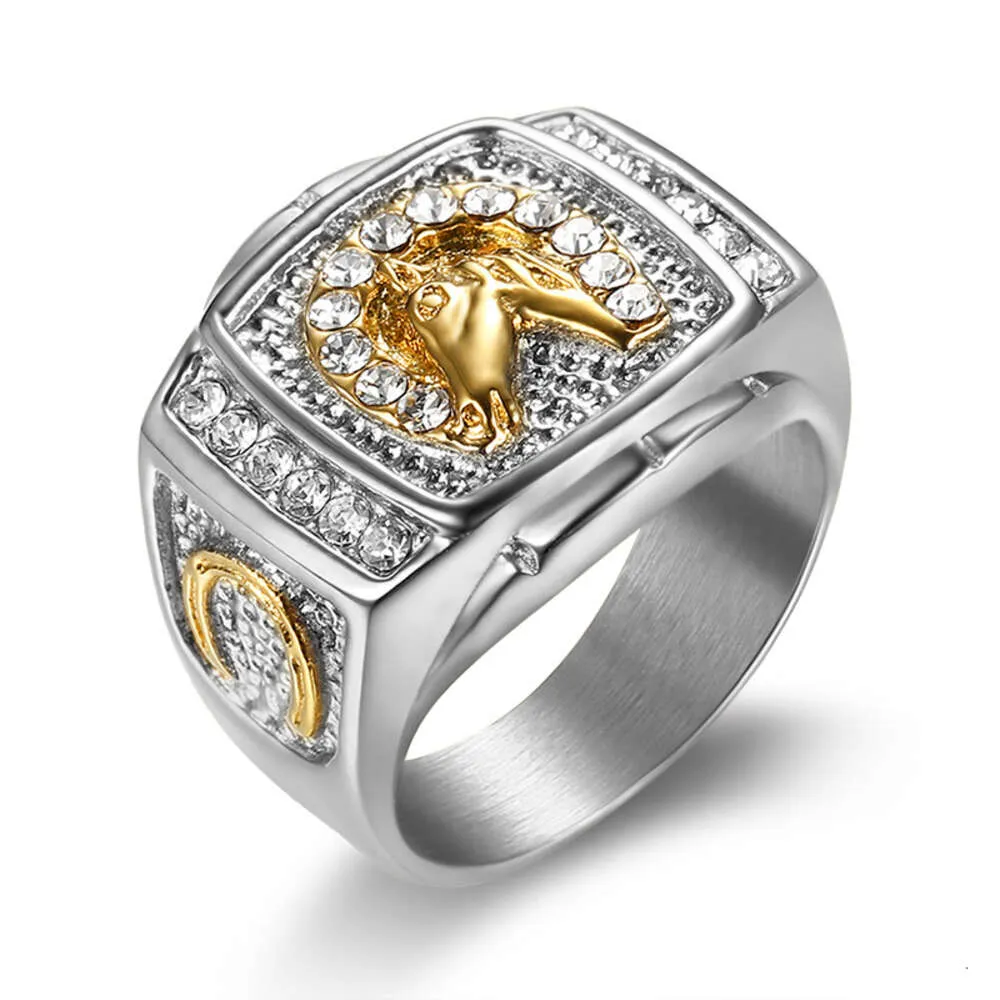 Hip hop hiphop jewelry titanium steel Gold Plated Diamond Horse Head men's ring