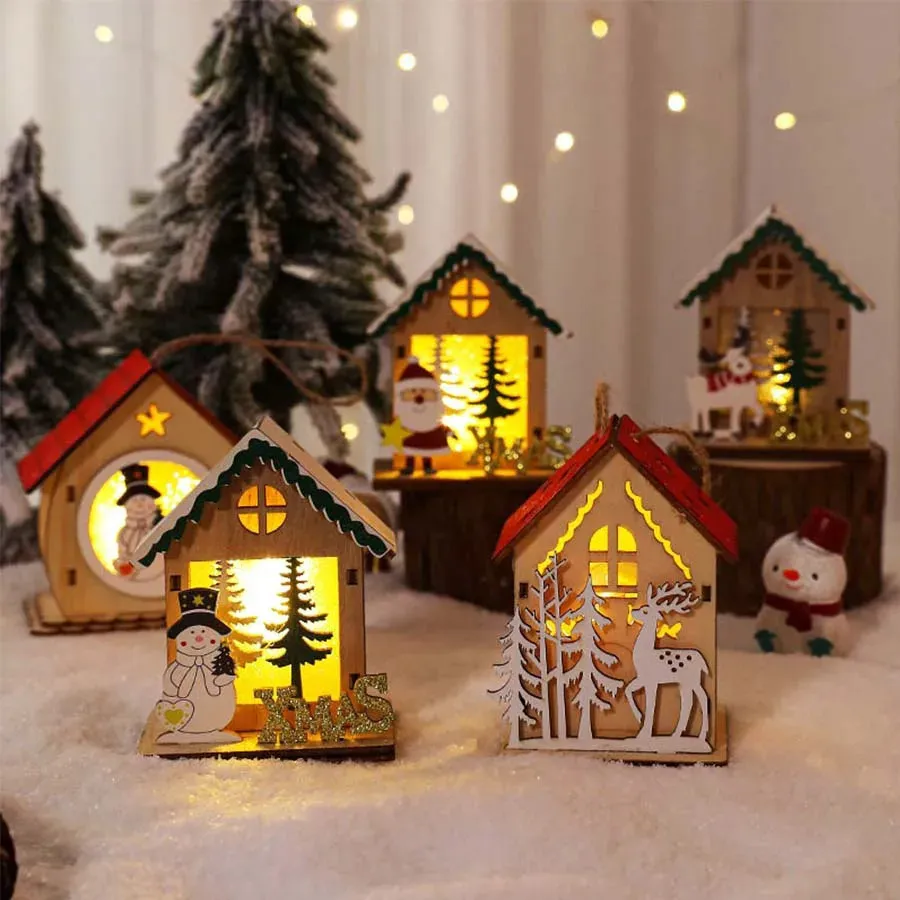 Christmas Decorations 1pc Decorative Luminous Wooden House LED Small Table Decoration Pendant Navidad 231120