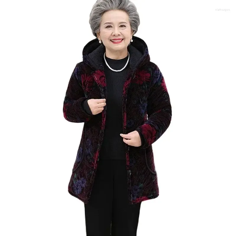 Kadın Trençkotları Yaşlı Kış Giysileri Orta ve Uzun Kalınlaştırılmış Yastıklı Ceket Kadın Yaşlı Lady Pamuklu Büyükanne Kurtarıcı Kapşonlu 5xl
