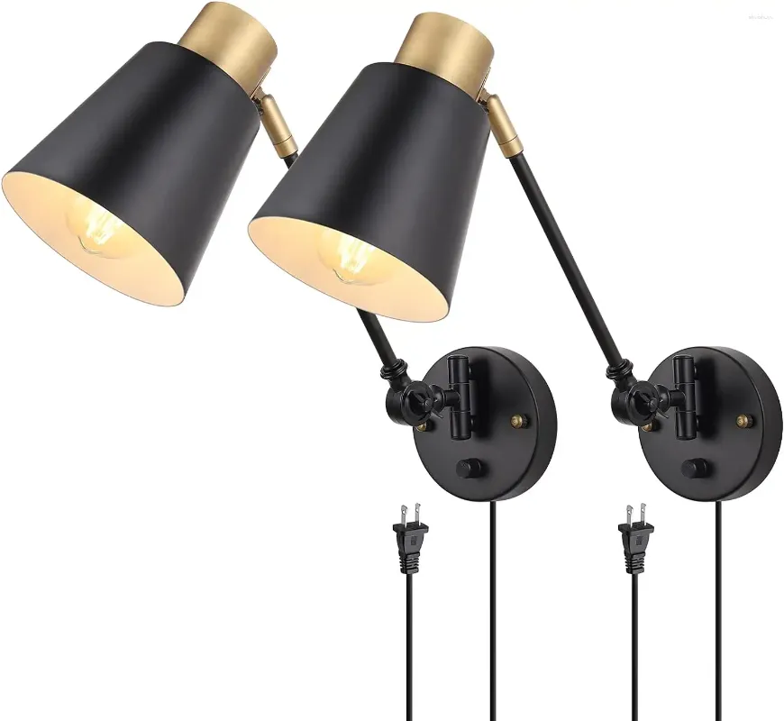 Wall Lamp With Plug In Cord Sconces Set Of Two Swing Arm Lighting On Off Switch Metal Black Brass Industri