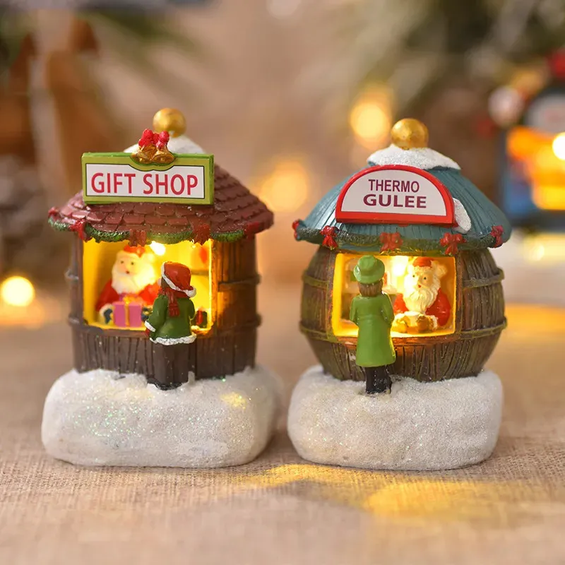 Christmas Decorations Resin Houses LED Night Lights Ornaments Kid Gifts Snowman Santa Claus Microlandscape Ornament 231120