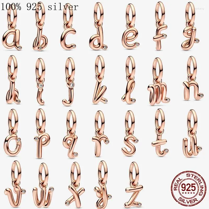 Pedras preciosas soltas 925 prata esterlina 26 letras pingente alfabeto um charme talão caber pulseiras originais rosa carta de ouro para jóias femininas