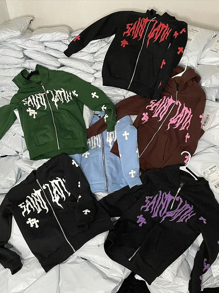 Designer Mens Sweats Sweatshirts Y2K Hommes Emo Streetwear Sweat à capuche Zip Up Fée Grunge Pull surdimensionné Lettre Croix Goth Veste Tops Vêtements X7Yu #