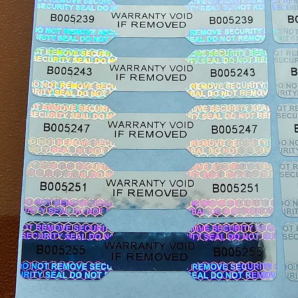 1000 stks 36x8mm Dogbone Security Seal Zilver Hologram Sticker Fraudebestendige Serienummer VOID Links Tamper Evident Label