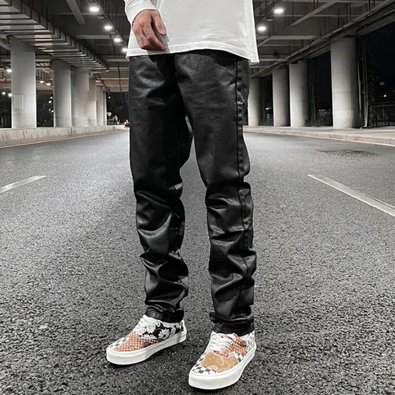 Męskie spodnie harajuku czarne skórzane spodnie pu dla mężczyzn y2k streetwear w lupgy proste swobodne spodnie unisex hip -hop duży luźne cargos 231121