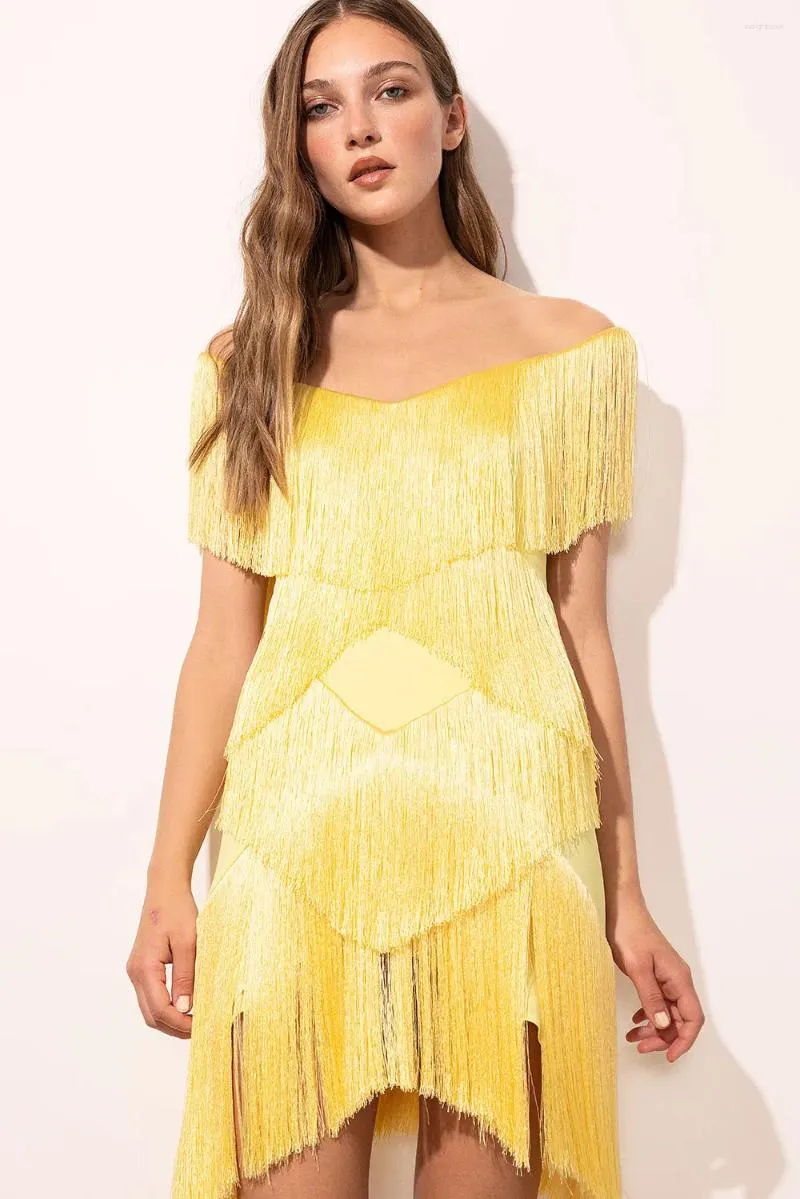 Casual Dresses Yellow Sexy Layered Tassel Mini Dress For Women Summer V Neck One Shoulder Backless Zip Up Fringed