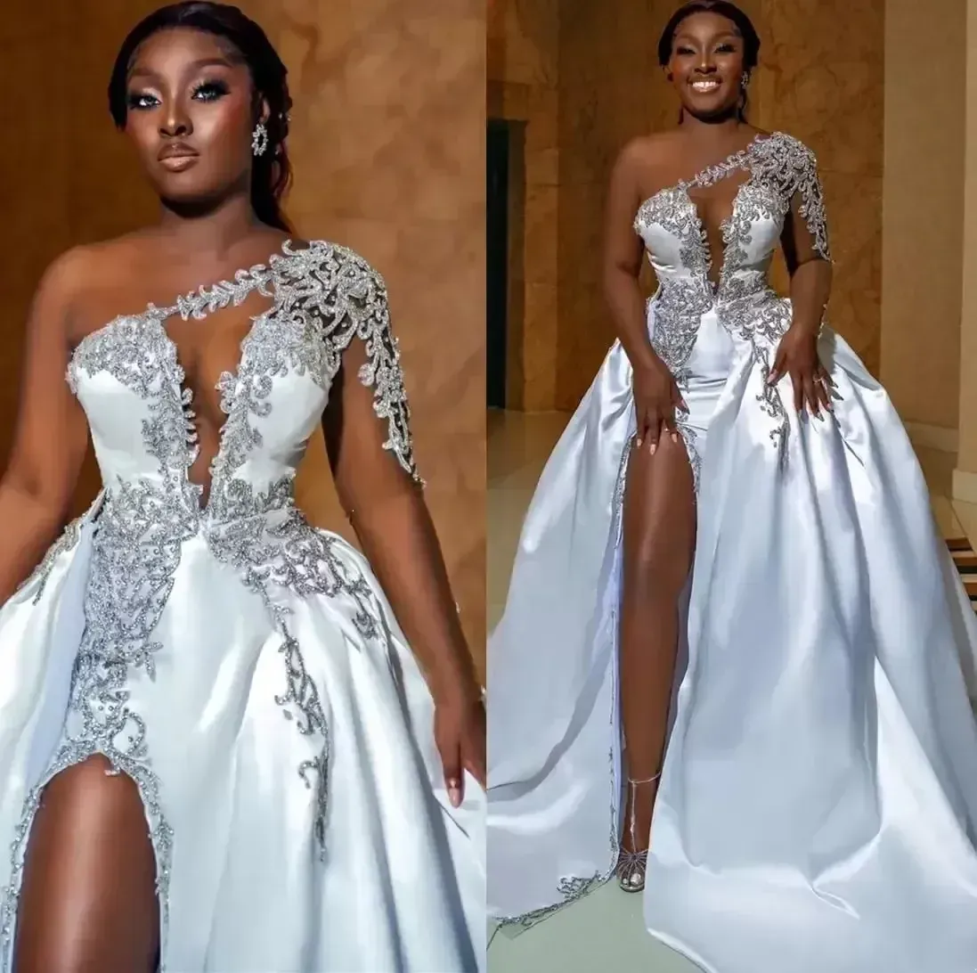 ASO EBI Africain Sexy Haute Split Robes De Mariée Une Ligne Une Épaule Perlée Appliques Keyhole Cou Fente Robes De Mariée Plus La Taille Robes Sur Mesure BC14877