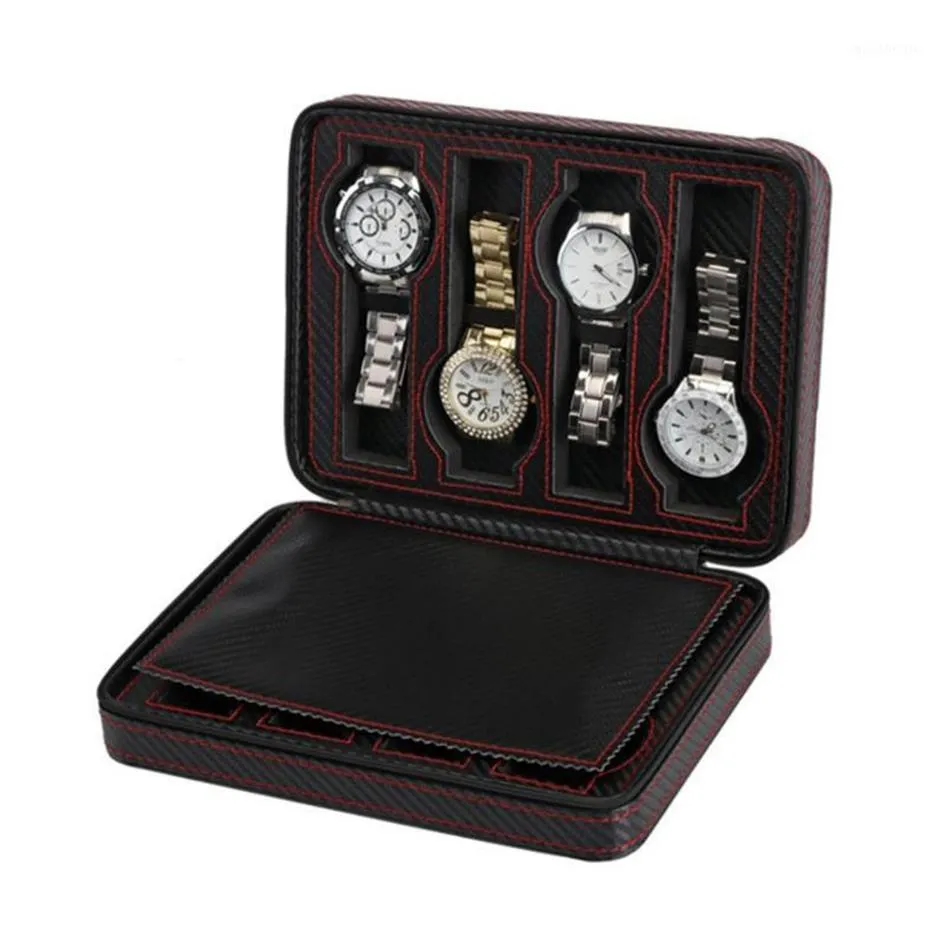 Scatole per orologi Custodie 8 slot portatile nero in fibra di carbonio PU pelle con cerniera custodia da viaggio scatola di gioielli regalo di lusso personalizzato1252U