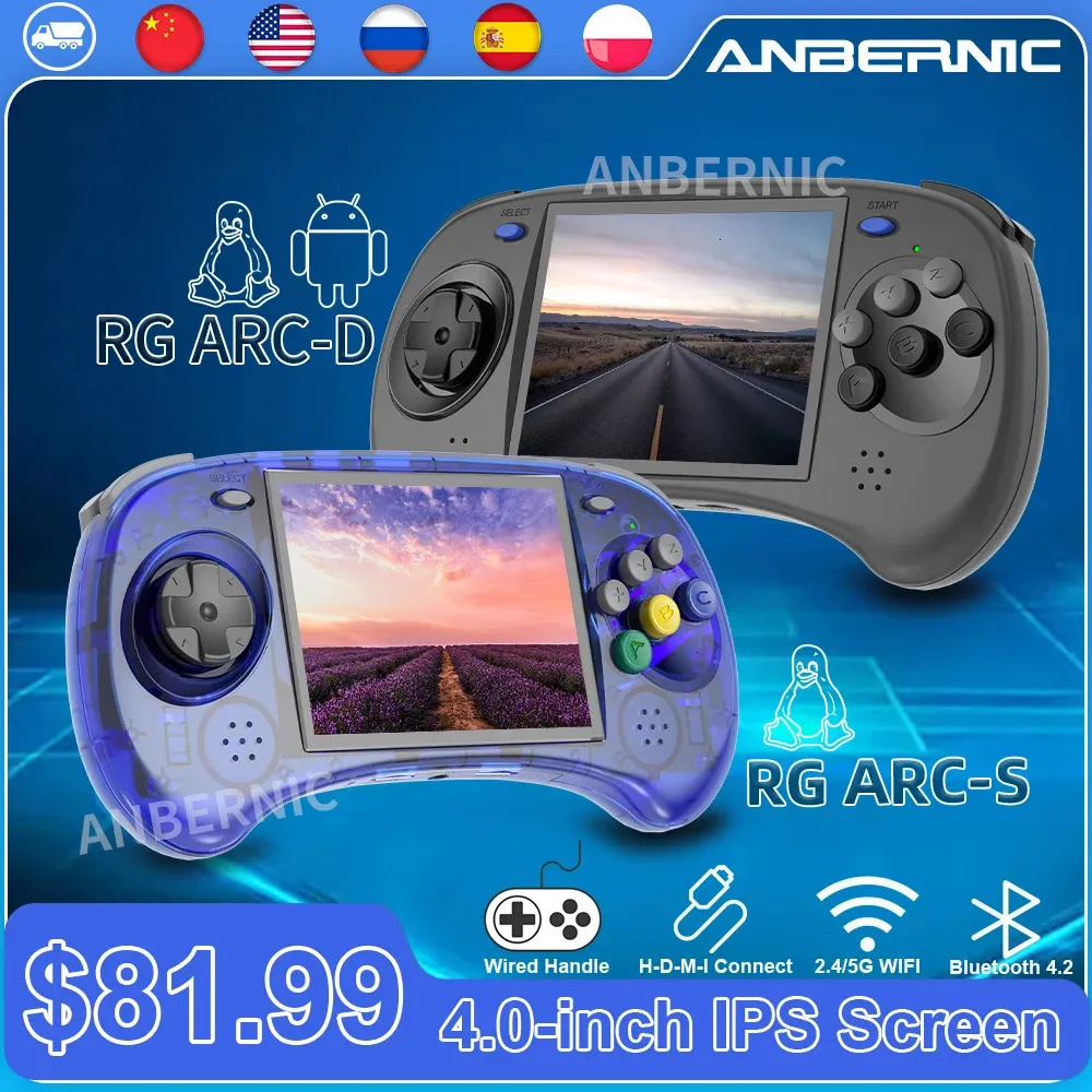 Joueurs de jeux portables Anbernic RG Arcd Arcs Console de poche Six boutons Design 4 "IPS Linux Android OS Support vidéo rétro Poignée filaire 231120