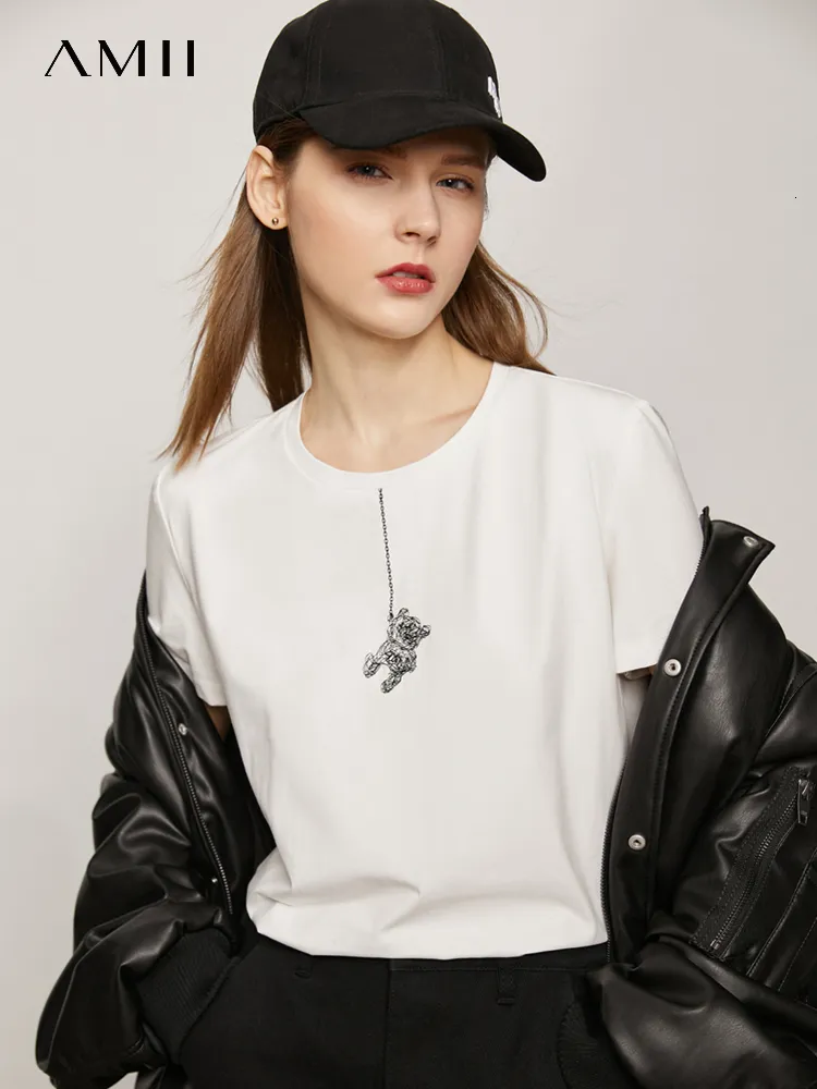 Kadın T-shirt amii Minimalizm Tişört Kadınlar Spring Casual çok yönlü beyaz yuvarlak boyun kısa kollu ayı işlemeli üstler 12322061 230421