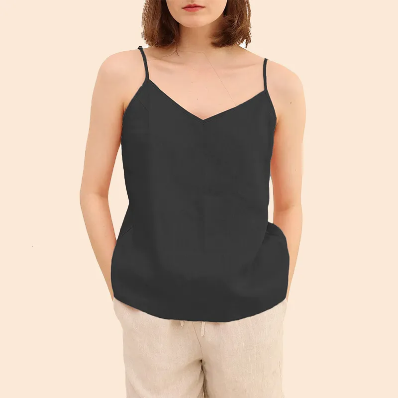 Camisoles Réservoirs 100% Lin D'été Femmes Camisole Sexy Spaghetti Strap Col En V Sans Manches Dos Nu Solide Casual Débardeurs Femme Vêtements 230421