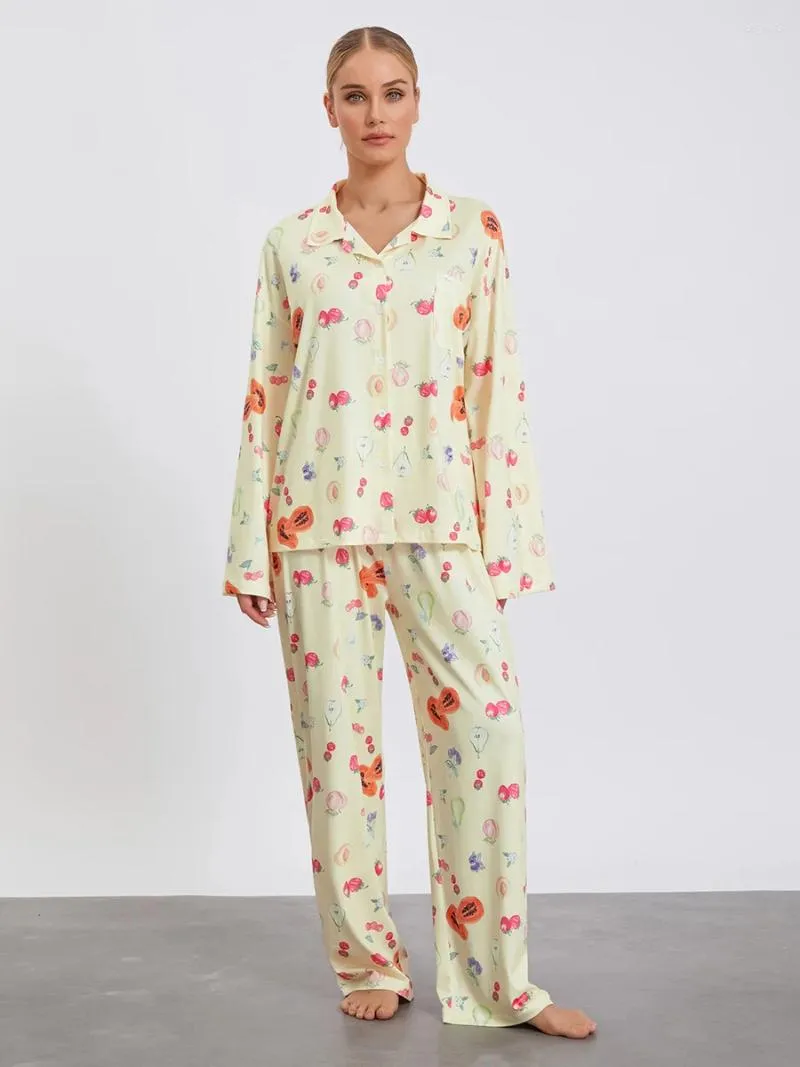 Vêtements de nuit pour femmes 2023 Ensemble pyjama décontracté à imprimé floral avec haut à manches longues et pantalon capri - Vêtements de détente confortables pour une soirée relaxante